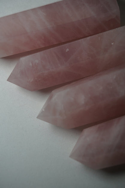 Rose Quartz: A gentle and universally cherished crystal, is treasured for its delicate pink hues and its profound connection to love and compassion. With its association to the Heart chakra, Rose Quartz promotes emotional healing, self-love, and harmony in relationships.